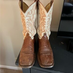 Justin Boots Brown Leather Western Cowboy Boots with White Embroidered Shaft